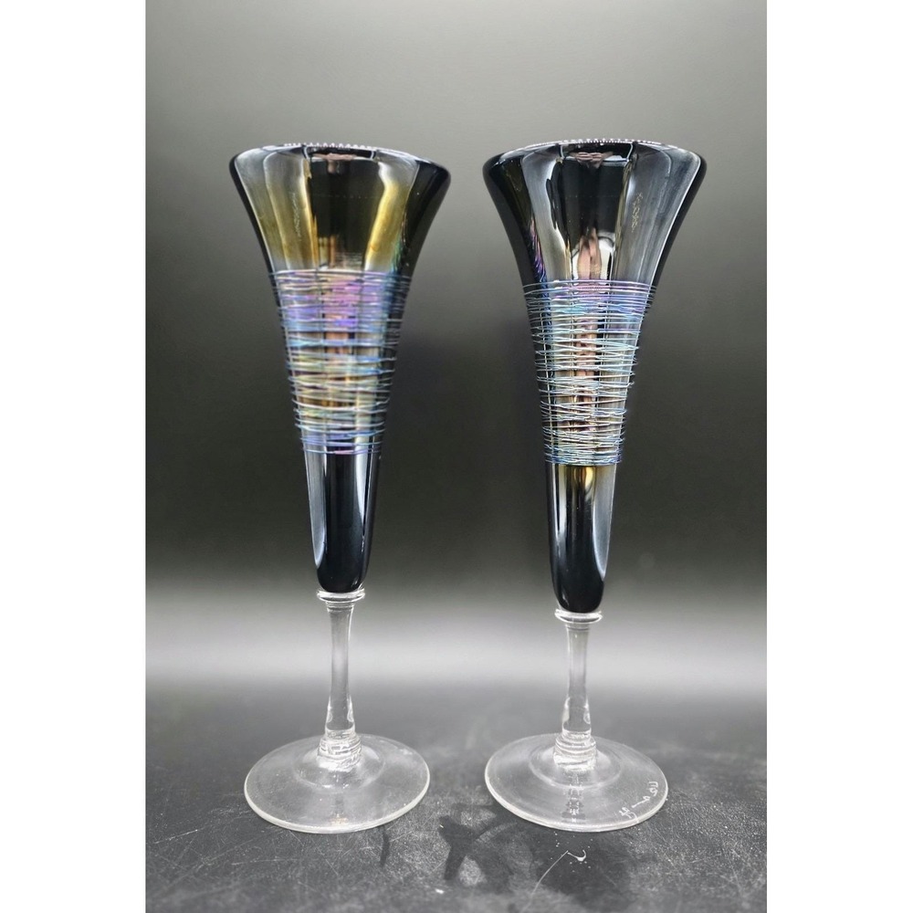 Set/2 Romeo Black Glass Rainbowspun 8oz Champaign Flute Glasses 9.5" Signed